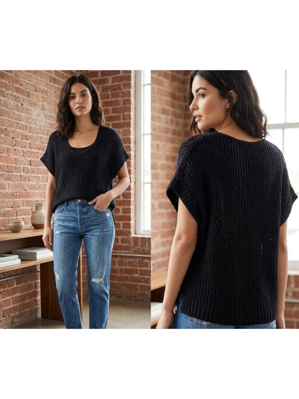 Coldwater Creek Black Knit Short-Sleeve Sweater Top Womens Size S Cotton Blend
